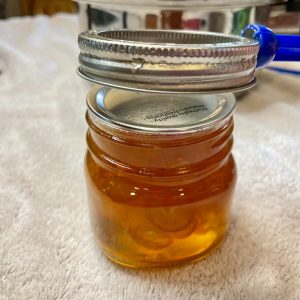 A canning ring is being placed on a mason jar with a magnetic lifter.